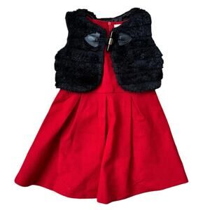 NEW Doe a Dear Red Wooly Felt Sleeveless Dress Black Fuzzy Vest Toddler Girl 3